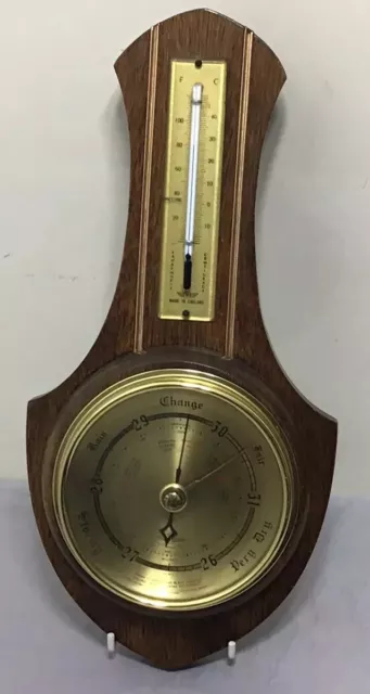 Solid Carved Oak Aneroid Banjo Shield Barometer & Thermometer Made in England SB