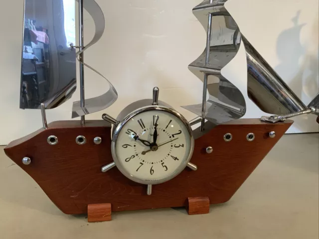 WORKS! Vintage Wood Nautical Sailing Boat Ship Electric Clock UNITED