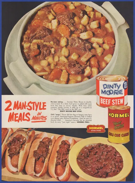 Vintage 1955 DINTY MOORE Beef Stew HORMEL Chili Con Carne Ephemera 50's Print Ad