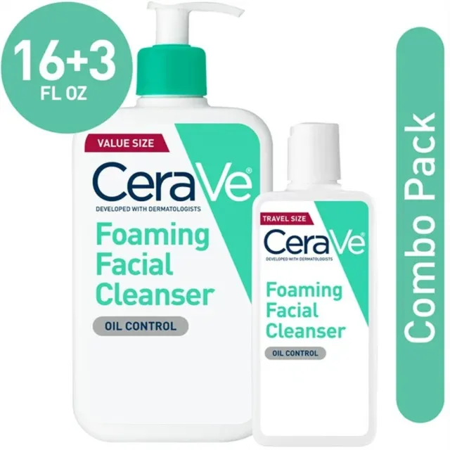 CeraVe foam facial cleanser for oily skin, 3 fluid ounces and 16 fluid ounces