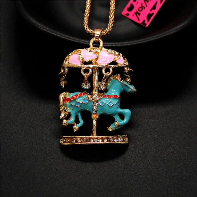 Betsey Johnson Woman Cute Blue Carousel Crystal Enamel Sweater Chain Necklace