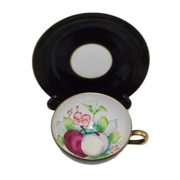 Ucagco China Handpainted Black with Gold and Fruit Tea Cup and Saucer, Japan