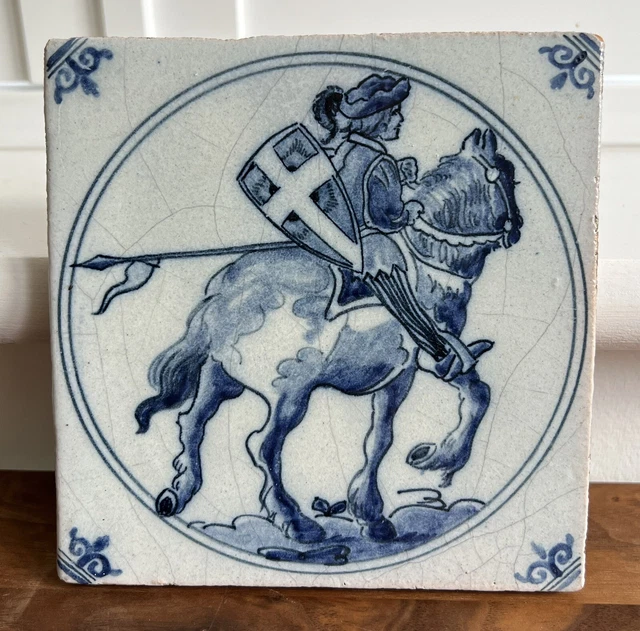 Antique Blue & White Dutch Delft Tile Horse & Rider