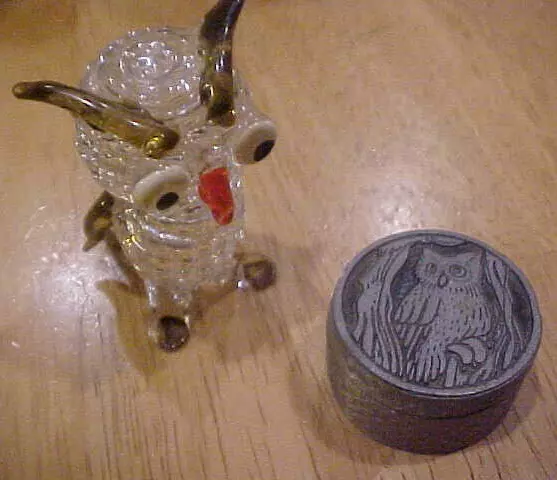 OWLS - Little 2" Glass Owl - Pewter Etched Owl Lid  Ring Holder