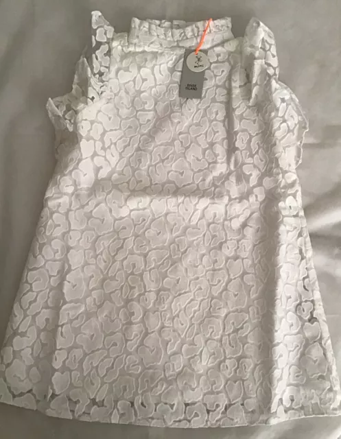 Abito bianco River Island mini bambina età 2-3 anni nastro per fronzoli nuovo con etichette