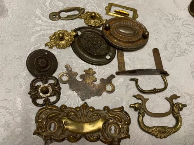 Lot 15 pc MISC Drawer HARDWARE Pulls Parts Brass Vintage Backplates/Bails ++ Old