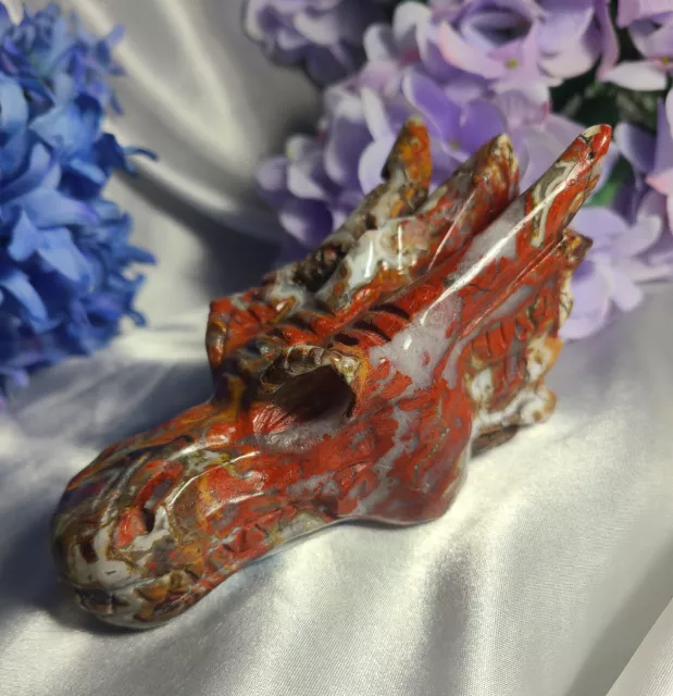 LARGE 5" 440g RED LAGUNA CRAZY LACE AGATE QUARTZ DRAGON HEAD SKULL CRYSTAL DRUZY