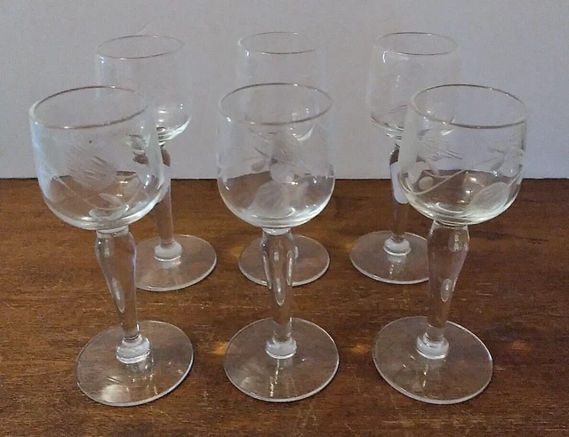 Vintage Lot 6 Crystal Cordial Sherry Shot 4" Glasses with Etched Leaf Pattern