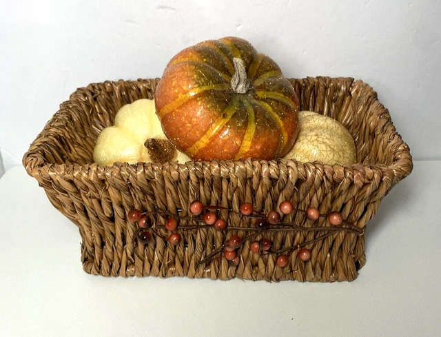 Rattan Basket with Branch and Berries Filled with 3 Glittery Gourds