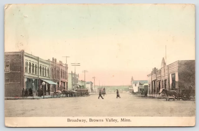 Browns Valley MN Handcolored~2-Horse Wagons~Dirt Broadway~Street Clock~Drugs '08