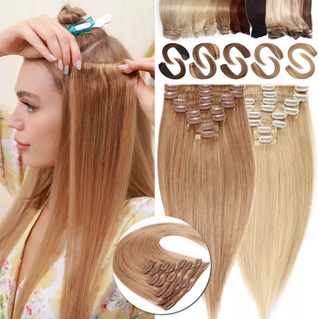 FR Extension A Clip Cheveux 100% Naturel Remy Cheveux Humain Hair 8 Bandes Blond