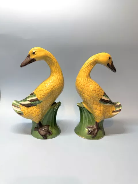 Pair of Chinese Ducks. Yellow and Green Glaze. Early 20th Century. 7 1/2" Height