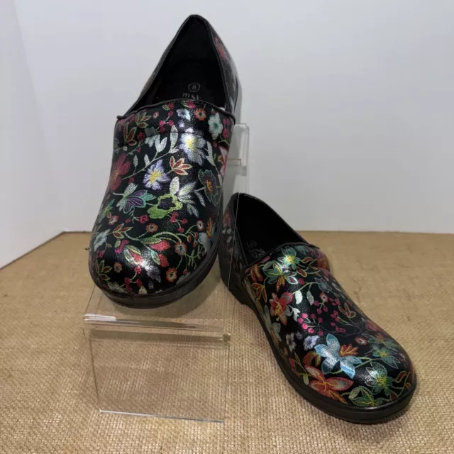 Women’s NEW EDITION SCRUB Shoes Black Floral Slip On Clogs Sz 8