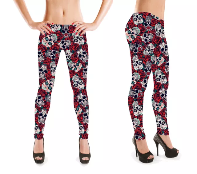 Ladies Gothic Floral Sugar Skulls Roses Skull Print Stretch Leggings Alternative