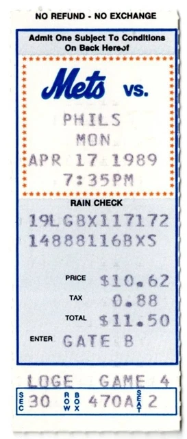 1989 NEW YORK METS vs PHILLIES ticket stub 4/17/89 DARRYL
