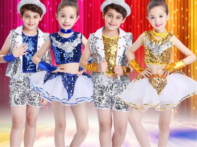 Boy Girl Children Kid Dance Latin Jazz Sequins Shine Rock Costume Party Vest set