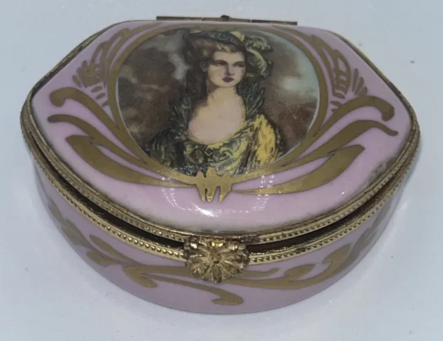 Limoges France Gilt Porcelain Trinket Box Gilt Glamour Pink