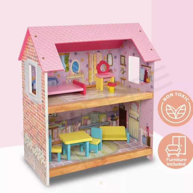 Wooden DIY Dolls Doll House Girls Kids Pretend Play Toys Full Furniture Set Kit