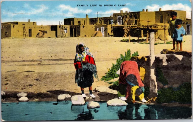 Family Life in Pueblo Land, Pueblo Indians New Mexico Vintage c1951 Postcard G23