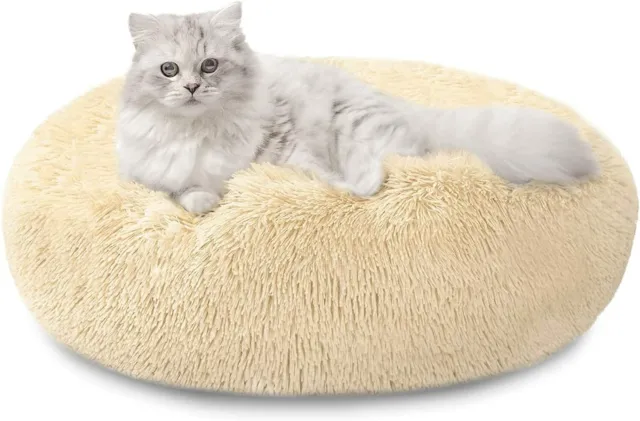 Round Plush Donut Pet Dog Cat Bed Fur Cuddler Warm Puppy Calming Bed Kennel 24in
