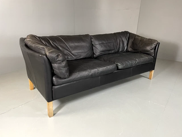 EB5438 Vintage Danish Black Leather Three Seat Sofa, 1970s, Vintage Retro M3SS