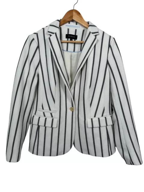 Talbots Womens Size 10 Blazer Jacket Ivory & Blue Striped Button Academia