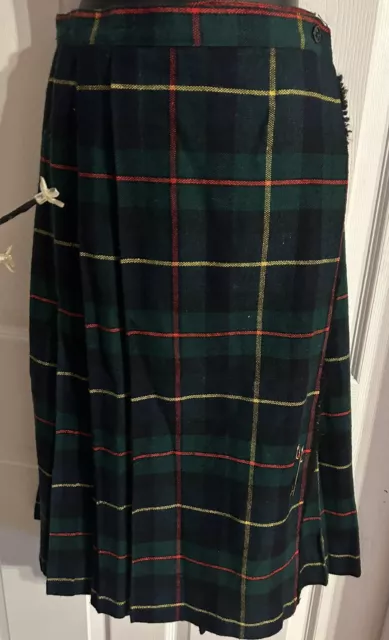 Vintage Green Blue Tartan Plaid Pleated Wrap Long Kilt Skirt w/ Pin S Small Wool