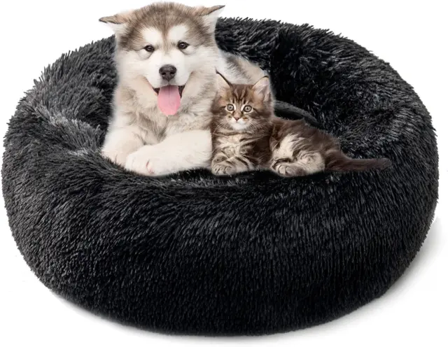 Soft Long Plush Pet Bed, Calming Self-Warming round Donut Cuddler, Fluffy Dog Ca