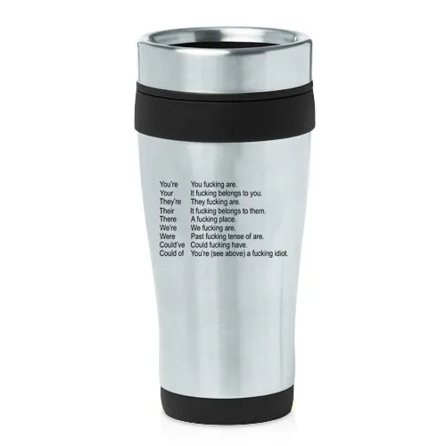 Stainless Steel Insulated 16 oz Travel Coffee Mug Cup Funny Grammar Key