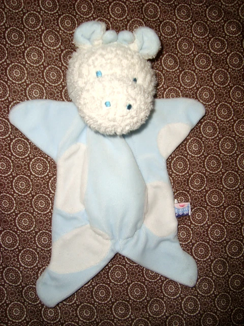 DOUDOU Vache Girafe SUCRE D'ORGE Plat Bleu TACHES BLANCHES 28 CM