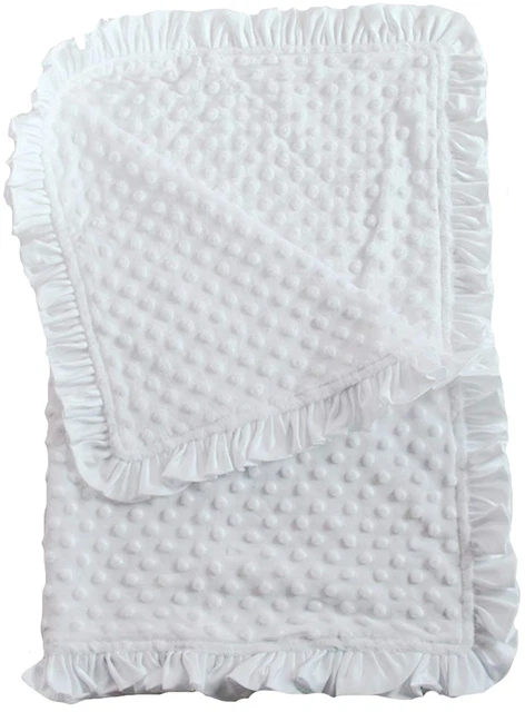 White Minky Dot & Satin Ruffle Newborn Baby Christening Baptism Blanket - Small