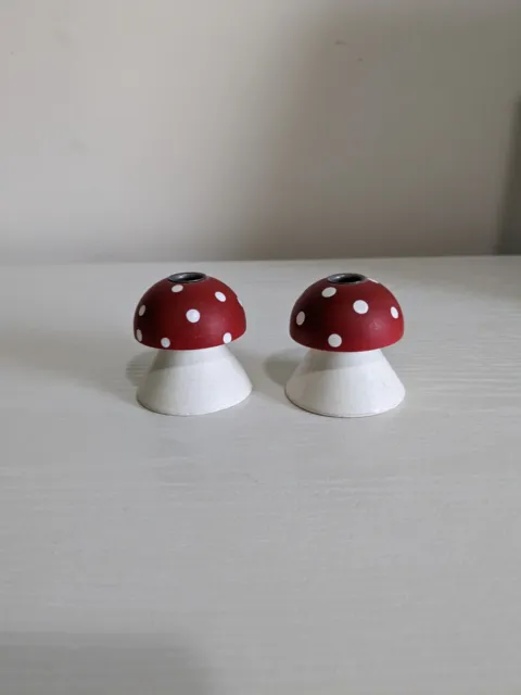 Two vintage RED 2" Wooden Swedish MUSHROOM CANDLEHOLDERS for small tapers