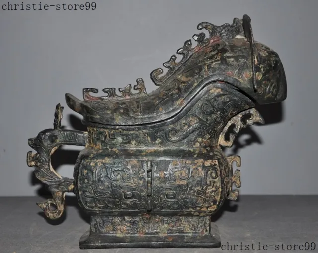 Old Chinese dynasty Bronze ware ox Bull Beast Head Zun pot Wineware Wine vessel