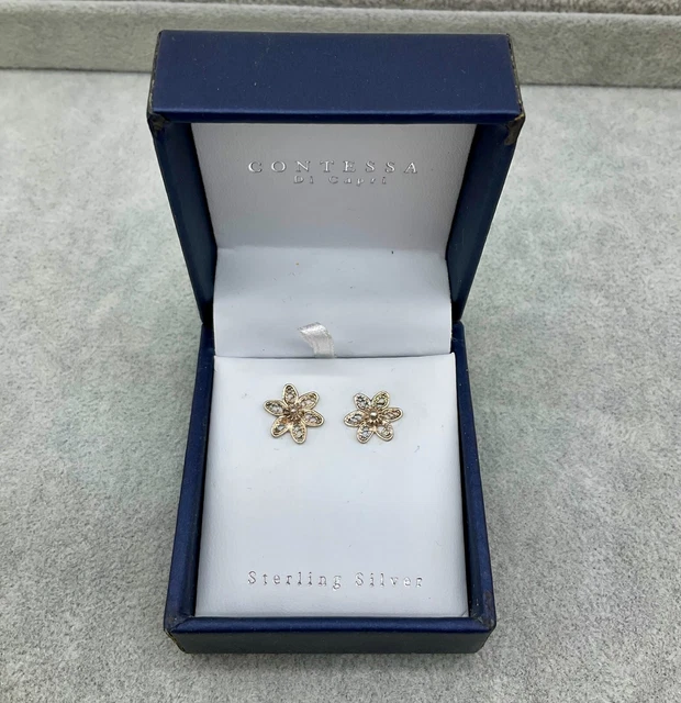 CONTESSA DI CAPRI sterling silver stud earrings floral design in gift box C3 9.99 PicClick UK