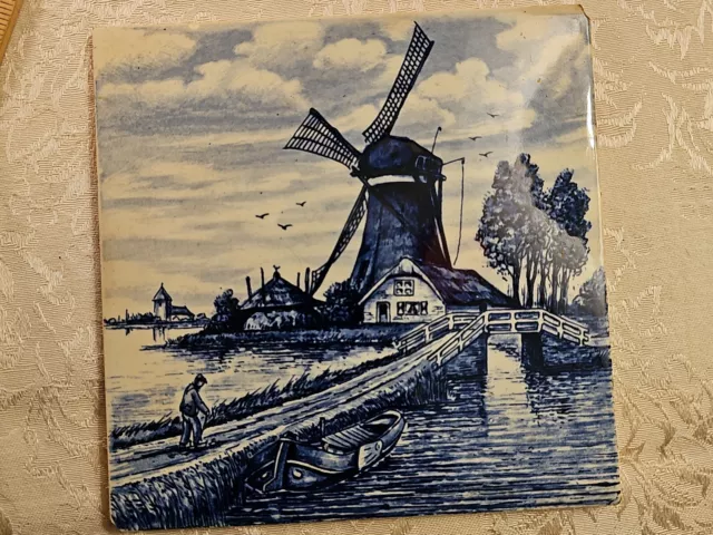 Vintage Holland Hand Painted Ceramic Delft Tile Windmill Scene Blue/White Water