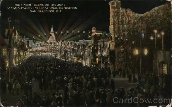 1915 PPIE San Francisco,CA Night Scene on the Zone Teich California Postcard
