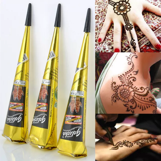 3 Golecha Black Natural Herbal Henna Cones Temporary Tattoo Kit Body Art Paint