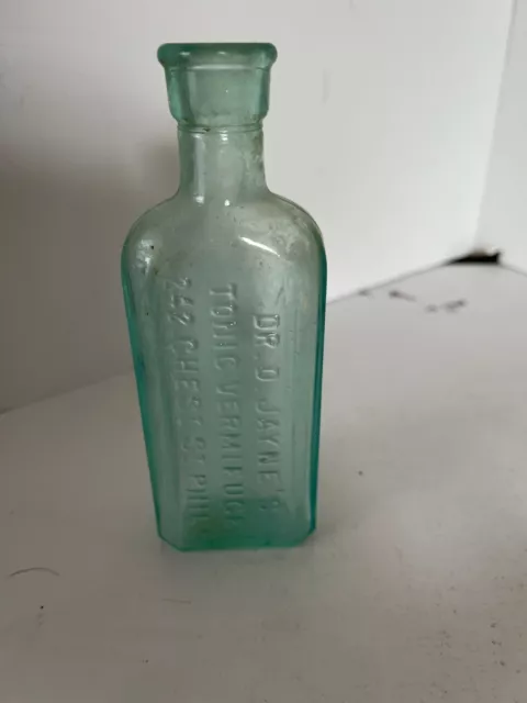 Vintage Dr. D. Jayne's Tonic Vermifuge Aqua Glass Bottle 5.5" Tall