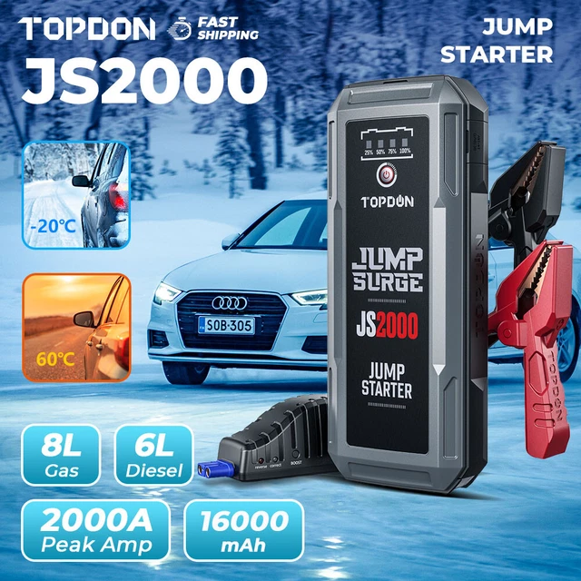TOPDON JS2000 Emergency Jump Starter - 12 Volt, 2000 Peak Amps, 16000mAh, w/ LED