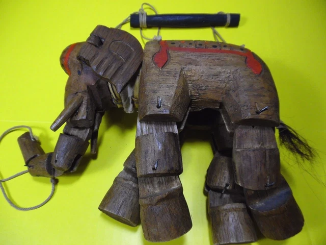 Vintage Hand Carved Wooden Elephant Marionette Puppet Hand Painted