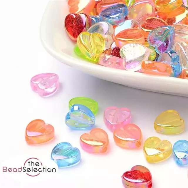100 x 8mm ACRYLIC AB RAINBOW PEARL LUSTRE HEART BEADS MIXED COLOURS ACR9