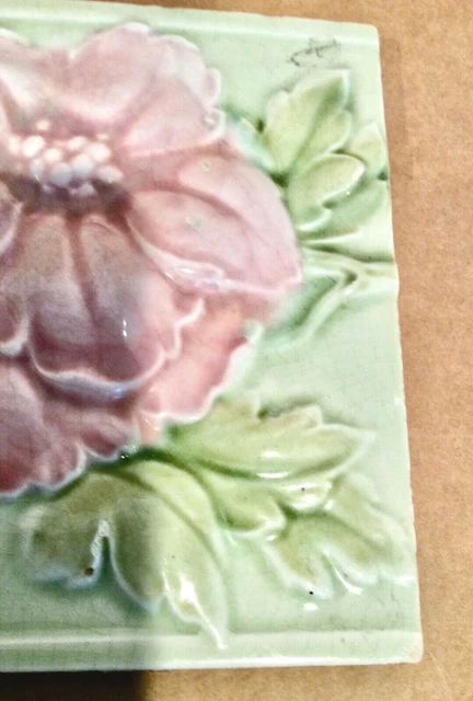 Art Nouveau Japanese Rose Tile, High Relief, 1920s, Japan, 6x6, Ceramic 3
