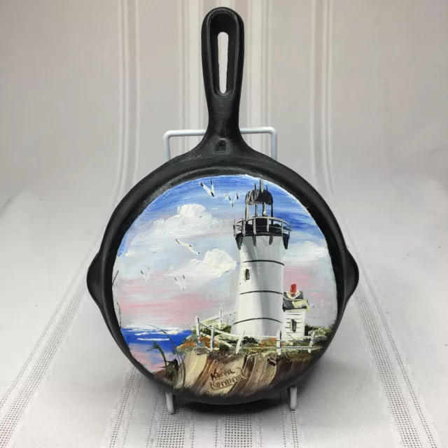 Cast Iron Frying Pan Hand Painted Lighthouse Scene 7" Inch Double Pour Lip