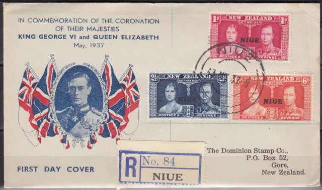 NIUE 1937 Coronation, Set of 3 on Registered FDC