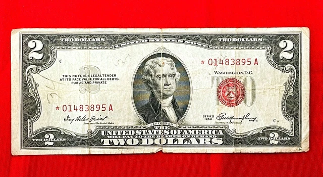 1953 TWO Dollar Bill STAR NOTE 2 Red Seal & VERY LOW SERIAL Number *01483895A