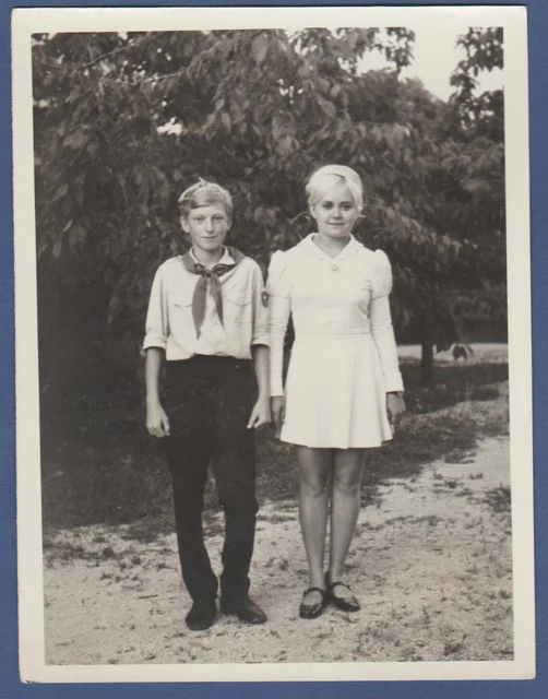 Beautiful pioneer boy and girl in the park Soviet Vintage Photo USSR
