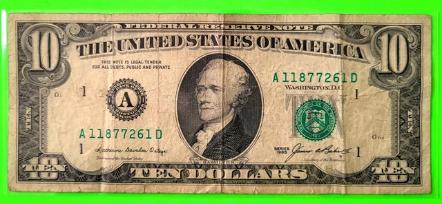 🌟 1985 $10 Ten Dollar Bill Federal Reserve Note Vintage US Currency