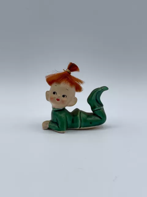 Vtg Japan Pixie Elf in Green with Real Straw? Red Hair Figurine
