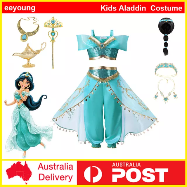 Kids Girls Aladdin Princess Jasmine Cosplay Costume Book Week Party Fancy Dress
