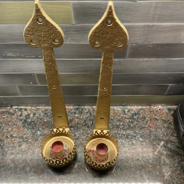 Beautiful Pair of spade shaped 11.5 metal candle stick holders wall mounted 3